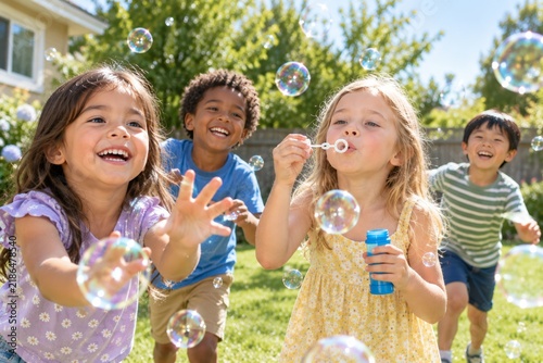 Happy children playing with soap bubbles in a sunny park, joyful summer outdoor scene, friendship, laughter, childhood fun, realistic photography.
