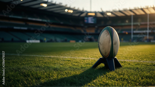 Rugby Ball on Kicking Tee at Stadium Pitch