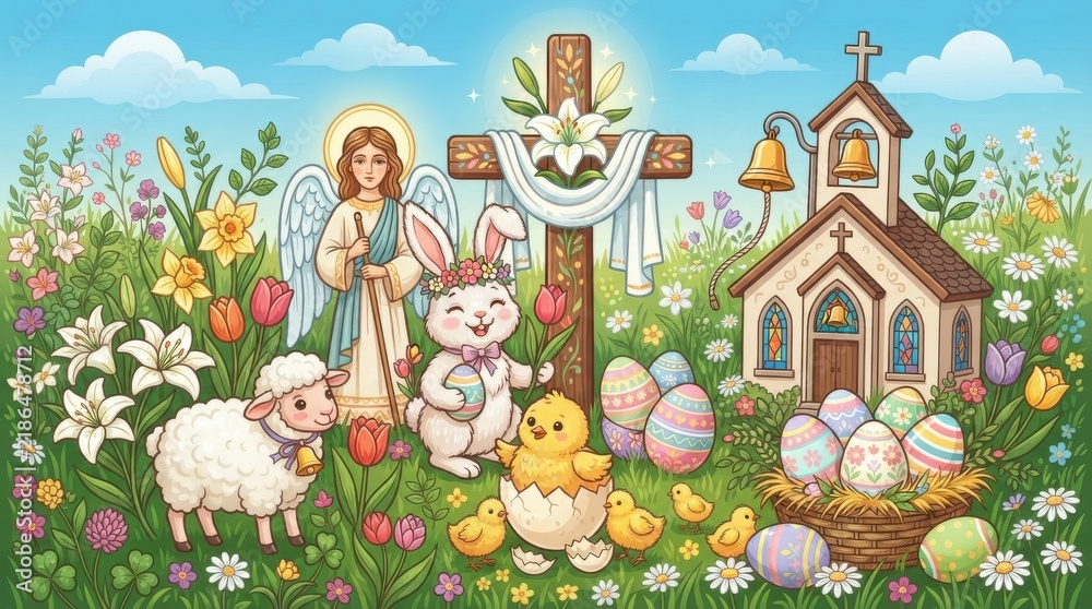 Fototapeta premium Easter scene with cute animals, angel, wooden cross, and church