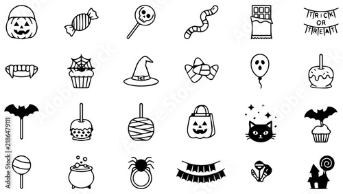 Foto Set of hand drawn halloween icons featuring pumpkin candy witch hat ghost cat an