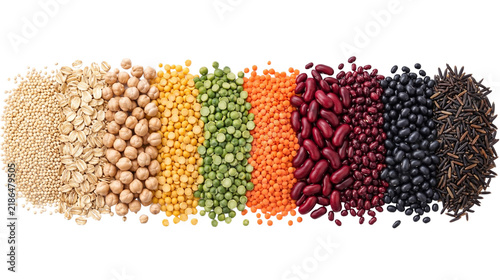 Assorted legumes and pulses arranged in colorful horizontal rows