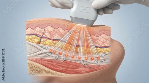 Medical ultrasound or laser therapy showing tissue penetration in human skin anatomy