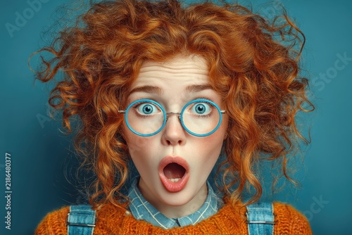 A woman with red curly hair shows an exaggerated surprised expression wearing round blue glasses, capturing a funny and cute moment of astonishment