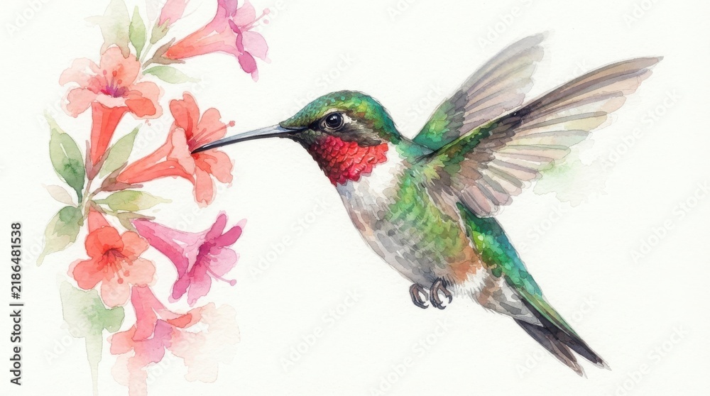 Fototapeta premium Watercolor hummingbird flying near pink flowers