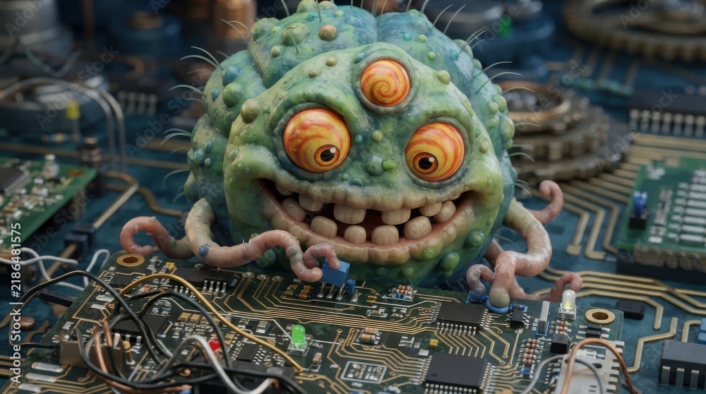 Fototapeta premium Funny mutant monster touching a computer circuit board