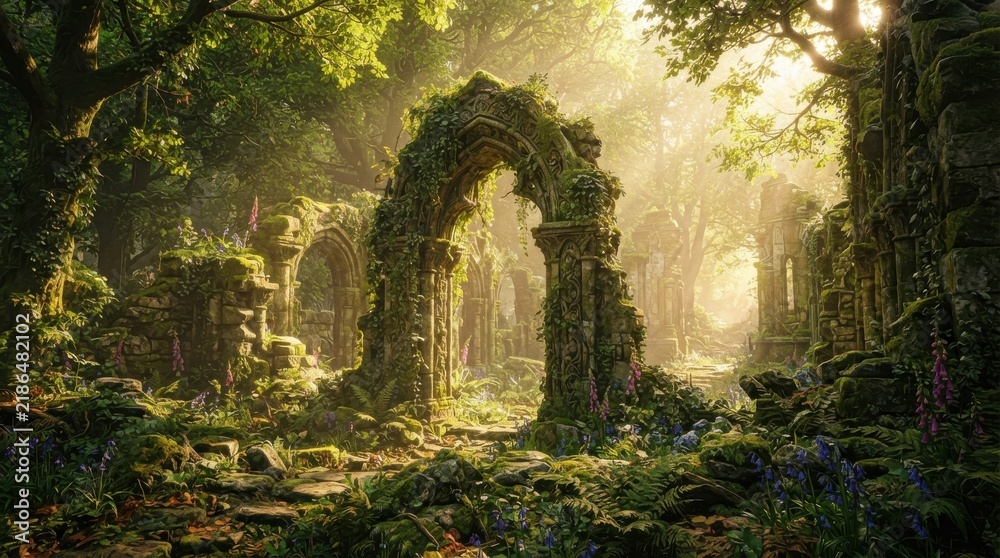 Obraz premium Ancient stone arch ruins overgrown with moss in a lush sunny forest