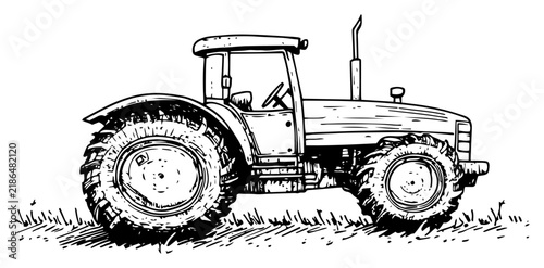 Farm tractor agricultural machinery in field in vintage engraving style