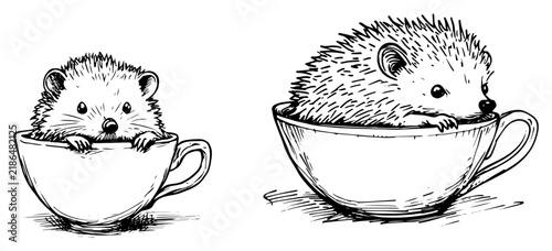 Foto Hedgehog characters sitting inside teacups in cute hand drawn sketch style
