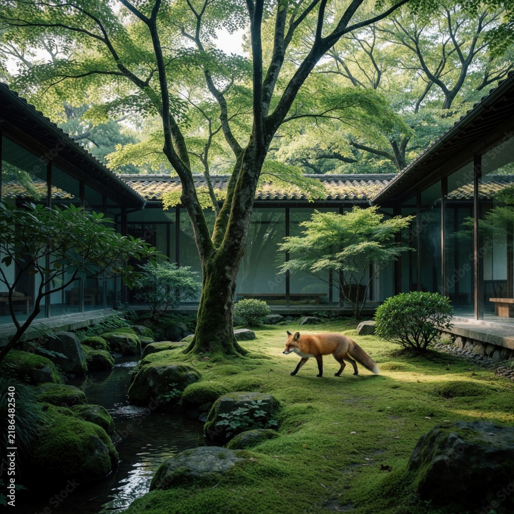 Obraz premium Red fox walks through mossy courtyard garden with flowing stream and rich trees. Calm animal explores tranquil Japanese aesthetic surroundings, quiet nature.