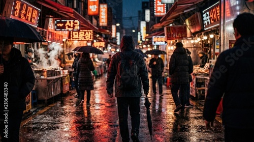 Rainy night in a bustling Asian market with neon signs and street food vendors