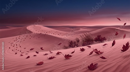 Crimson leaves drift across pink desert dunes under a twilight sky