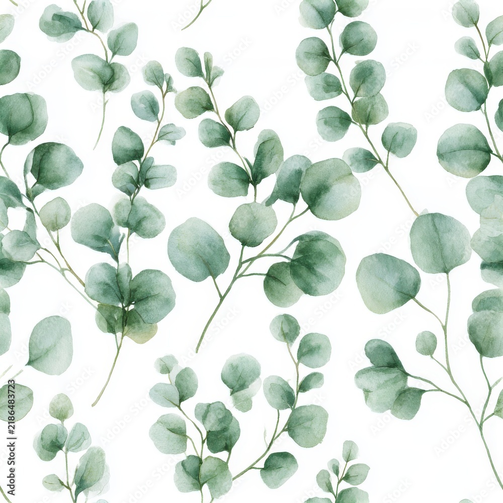Obraz premium Watercolor seamless pattern of eucalyptus branches and rounded leaves on a clean white background, soft illustrative style