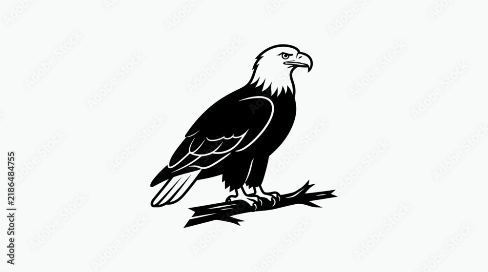 Fototapeta premium Minimalist black and white illustration of a majestic bald eagle perched on a branch.