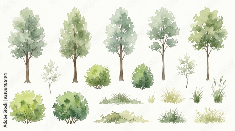 Obraz premium Watercolor illustrations of various trees and grass tops for landscape design.