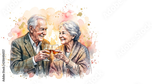 Elderly couple celebrating with glasses of wine in a festive watercolor illustration, copy space available