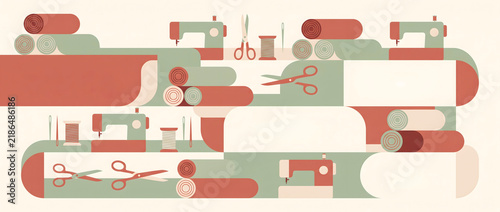 Colorful sewing machines, spools of thread, and scissors arranged in a textile manufacturing atelier