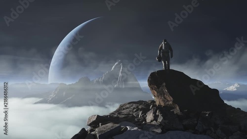 Astronaut on Mountain Peak Surveys a Grand Alien Planet in a 3D Rendered Exoplanet Landscape
