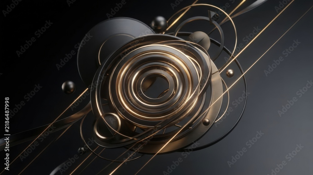 Fototapeta premium Abstract 3D rendering with dark and gold concentric rings and geometric shapes
