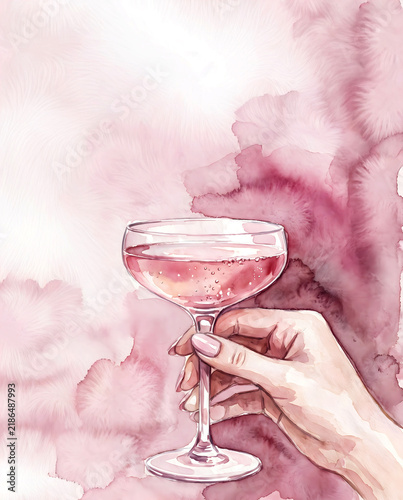 Hand holding a glass of pink champagne against a soft watercolor background, celebration concept