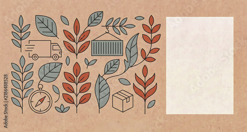 Transportation-themed illustration featuring delivery truck, shipping container, and foliage elements