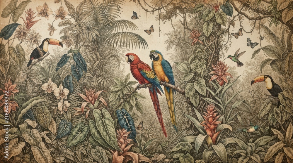 Fototapeta premium Vintage tropical jungle mural wallpaper with exotic birds and lush foliage