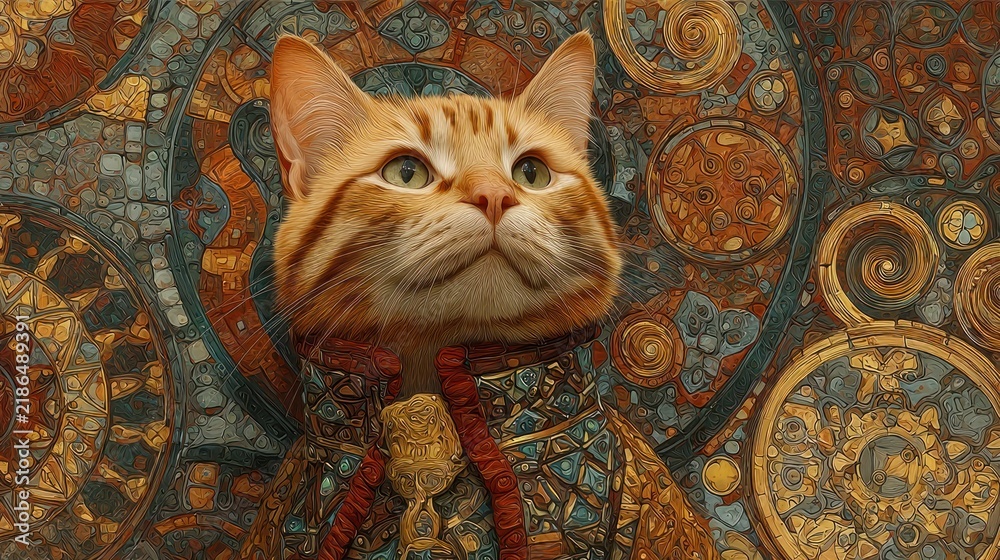 Fototapeta premium Regal cat in ornate, colorful mosaic art style.