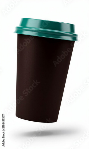 Dark espresso brown takeaway coffee cup with teal lid floating at an angle on white background, blank disposable beverage container for cafe branding and packaging design, copy space
