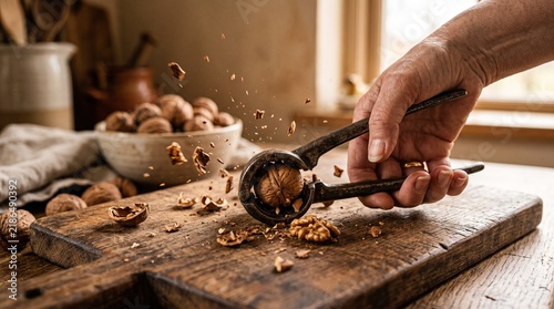 Aged metal nutcracker tool crushing a whole brown walnut shell on rustic wooden board with flying wooden fragments in kitchen