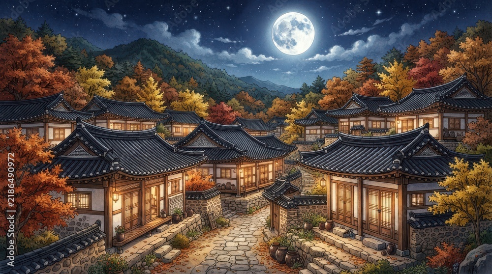 Fototapeta premium Traditional Korean Village with Hanok Houses under Full Moon at Night