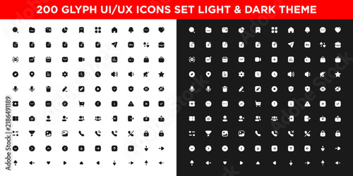 200 Essential UI UX Icons Set for Web and Mobile App Interface, Minimalist Glyph Solid Icon Bundle, Light and Dark Theme Vector