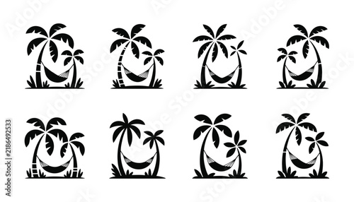 Set of tropical palm tree hammock vacation icons collection