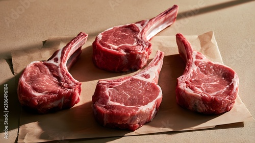 Raw lamb chops arranged on butcher paper.