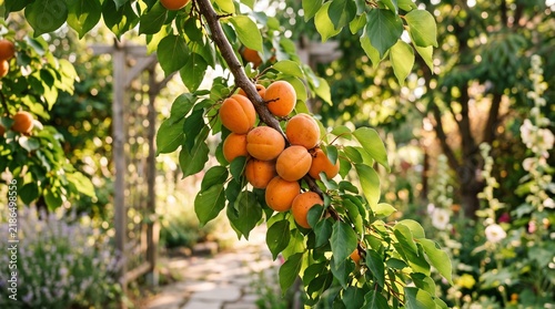 Ripe orange apricots hanging on a branch in a sunny garden with lush green leaves during a bright summer day
