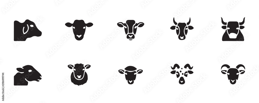Obraz premium Black silhouette icons of cow bull sheep and ram head isolated on transparent background set design.