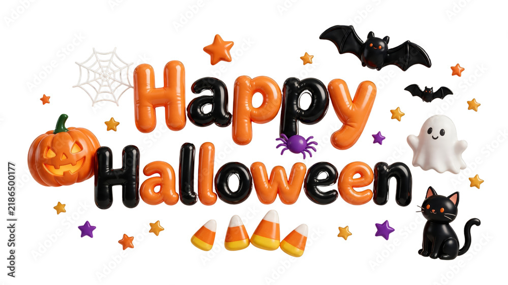 Fototapeta premium Happy Halloween orange black typography with spooky icons