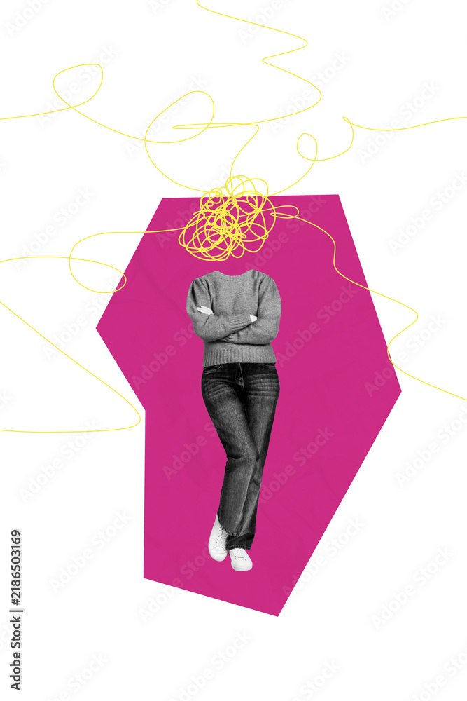 Obraz premium Composite trend artwork sketch collage of person headless young woman angry bad mood mind think stress psychology mess doodle head stand
