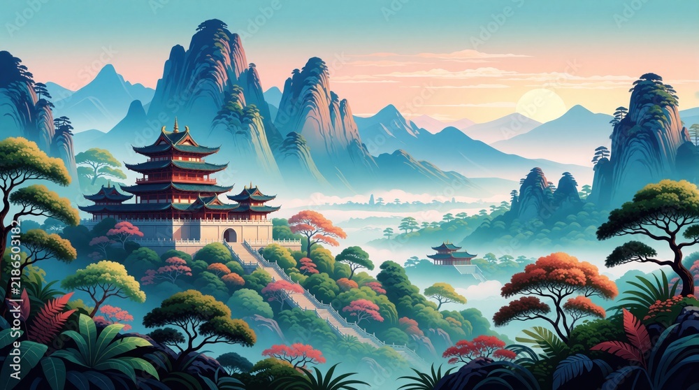Obraz premium Serene mountain landscape with traditional Chinese pagoda architecture. Misty valleys and pastel sunrise create a tranquil, spiritual atmosphere ideal for meditation or travel themes.