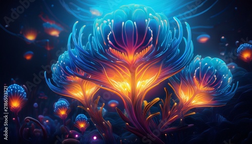bioluminescent underwater flora with glowing orange centers and blue edges