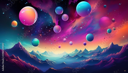 cosmic bubbles drift over a surreal colorful nebula filled sky and mountains