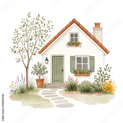 Cozy Watercolor Cottage House With Pitched Roof