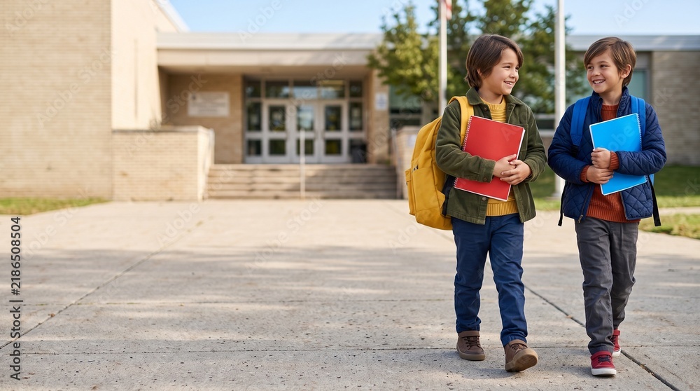 Obraz premium Friends arrive with bright backpacks for school
