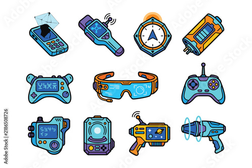Foto Colorful futuristic tech gadgets and game controllers illustration