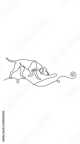Hunting dog tracking scent trail, continuous line art drawing of a hound sniffing ground.