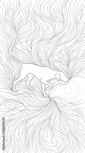 Hunting dog silhouette tracking scent in abstract flowing lines vector illustration