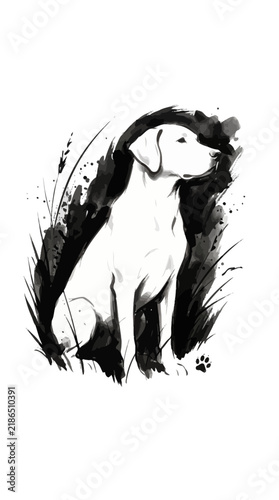 Ink sketch of a hunting dog sitting patiently in the grass, hand drawn animal illustration.