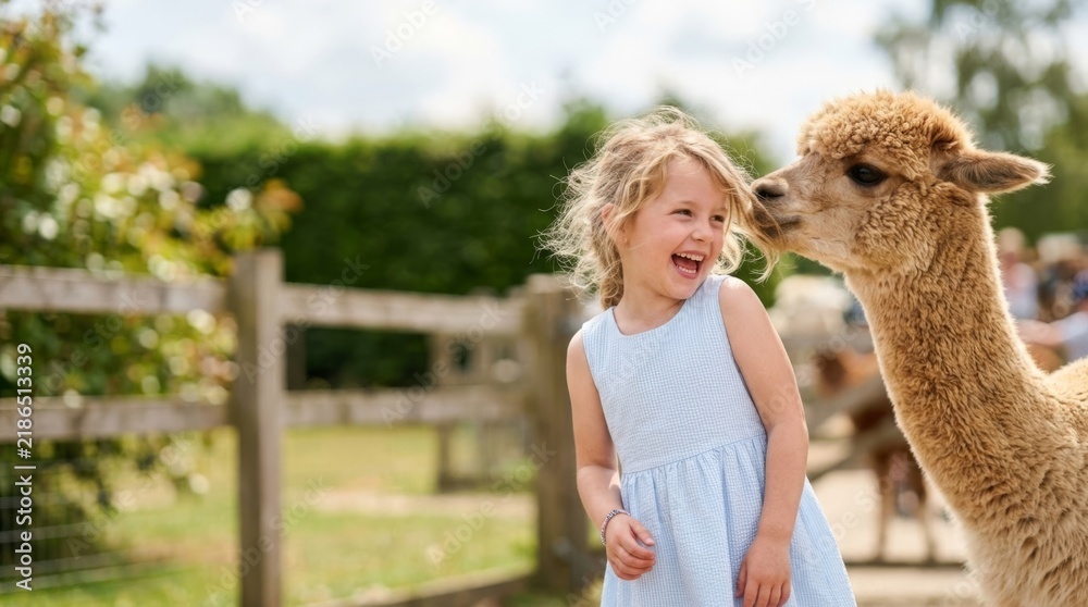 Obraz premium Joyful young girl interacts with a curious alpaca in a sunlit petting zoo, offering vibrant outdoor marketing copy space