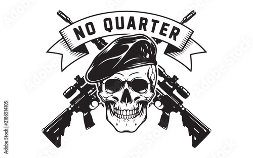 Military skull in beret with crossed automatic rifles and text no quarter vector illustration.