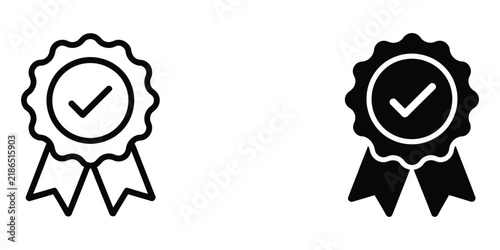 Award Ribbon Icon with Check Mark in Stroke and Solid Fill Styles, Quality Achievement, Success, Approval and Certification Symbol for Business