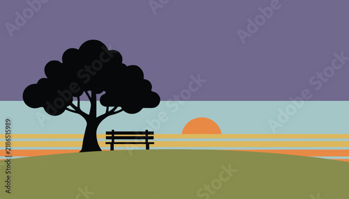 Peaceful sunset landscape featuring the dark silhouette of a grand tree and an empty bench on a hill facing the horizon.