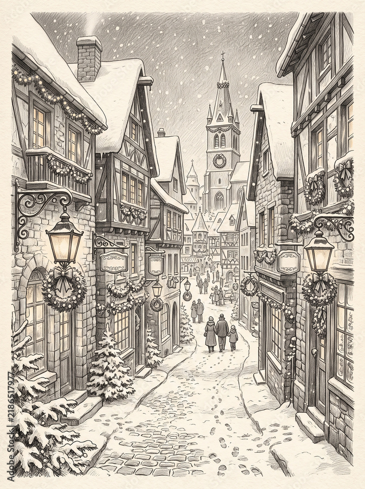 Obraz premium Detailed architectural graphite pencil drawing of a charming European town street decorated for Christmas, glowing lanterns, Christmas wreaths 